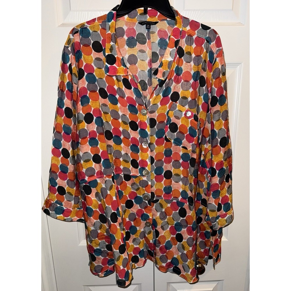 John Mark Tunic Blouse Plus 2X Multicolor‎ Circles 3/4 Sleeve Eclectic Boho